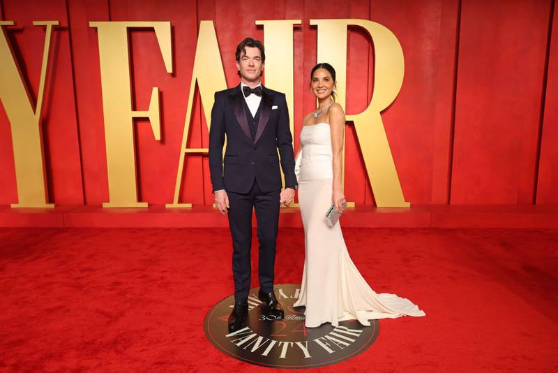 BEVERLY HILLS, CALIFORNIA - MARCH 10: (L-R) John MulaneyOlivia Munn attends the 2024 Vanity Fair Oscar Party Hosted By Radhika Jones at Wallis Annenberg Center for the Performing Arts on March 10, 2024 in Beverly Hills, California. (Photo by Amy Sussman/Getty Images)