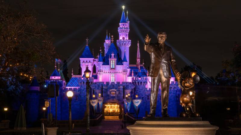 Sleeping Beauty Castle in Disneyland Park illuminated during a special live streamed moment.